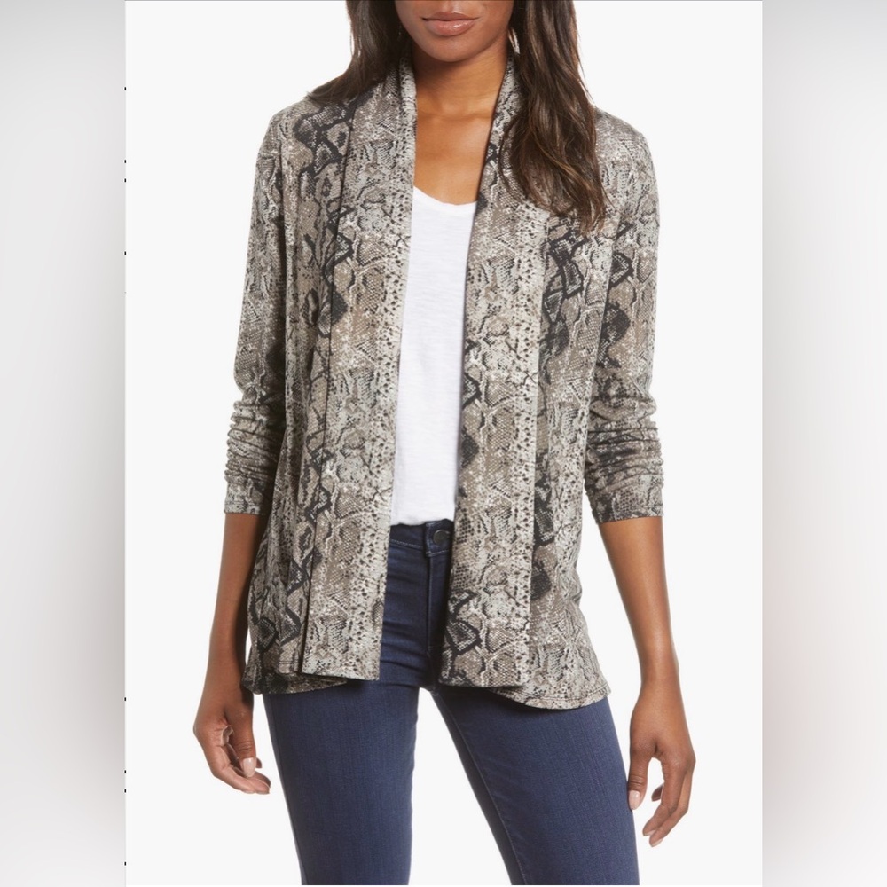 Gibson Open Front Fleece Cardigan Snake Animal Print Neutral Maximalist Chic